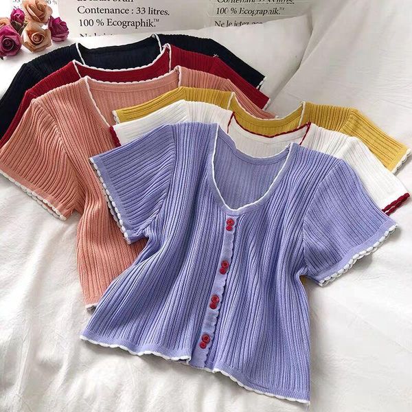 

heliar women knitted tshirts female buttons up front cute crop short sleeve v neck flounce edge crop or women 2021 summer, White