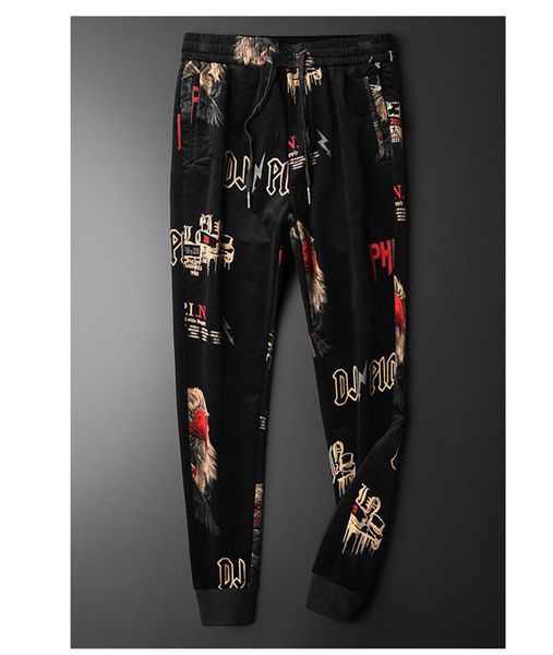 

2020 new designers mens autumn and winter new men's mid-waist elastic waist casual pants corduroy printed long pants trendy men's, Black