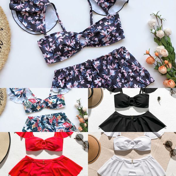

in-x red swimsuit with skirt high waist bikini 2020 ruffle swimsuit female swimwear women off shoulder bandeau bathing suit y1120, White;black