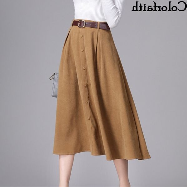 

colorfaith new suede women long midi skirt autumn winter ladies vintage belt buttons skirt high waist femininas sk6679 t200324, Black