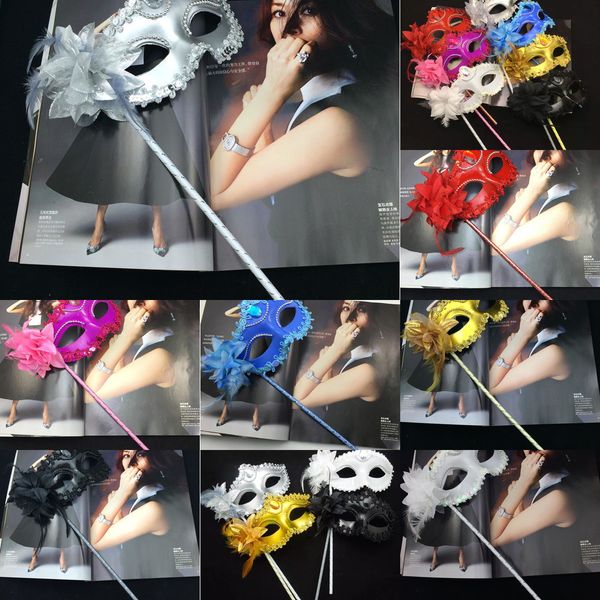 

eyeline luxury woman on stick venetian masquerade party mask sequin lace edge lateral flower gold silver black whit o7ffz