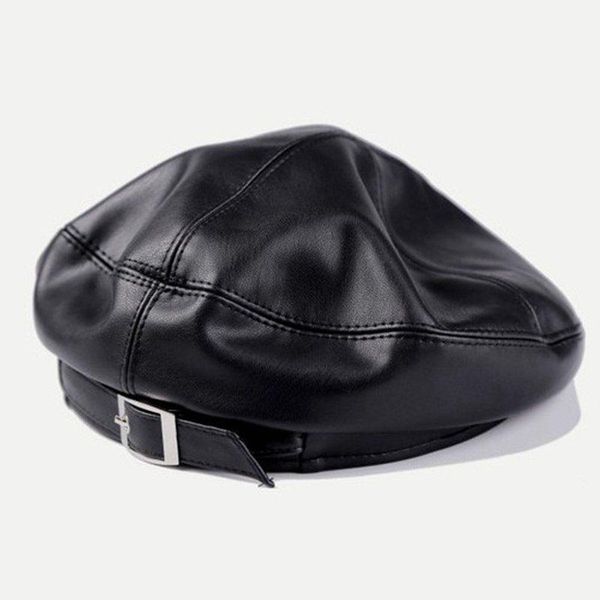 

berets pu leather female fashion adjustable british style solid color leisure temperament street autumn winter octagonal cap, Blue;gray