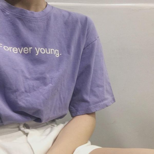 

summer korean style friends t-shirts women purple white aesthetic style tshirt women forever young letter printed tees 1