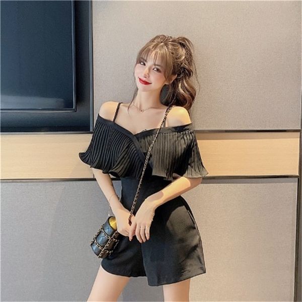 

2021 new jumpsuit women summer new word shoulder casual high waist wide leg pants thin shorts gvfw, Black;white