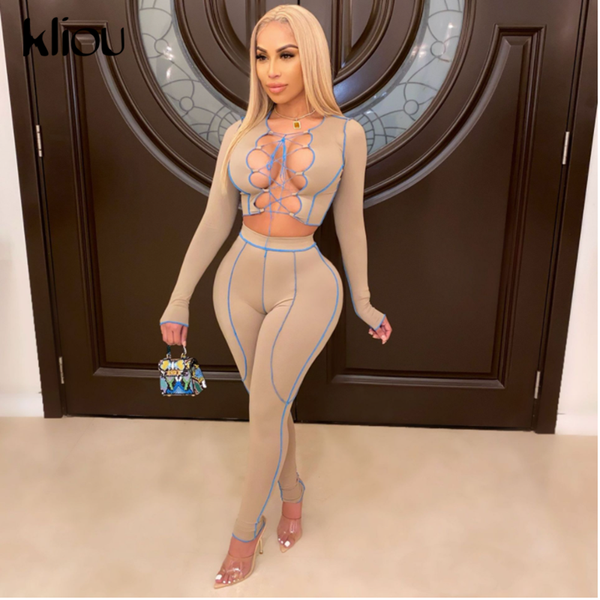 

two piece outfits women lace up crop pants patchwork fashion street style matching sets hollow out club attire, White
