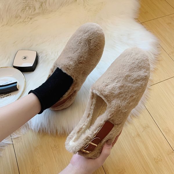 

women shoes warm flat shoes 2020 new comfortable loafers winter fur home casual female shoes designer slip-on khaki woman, Black