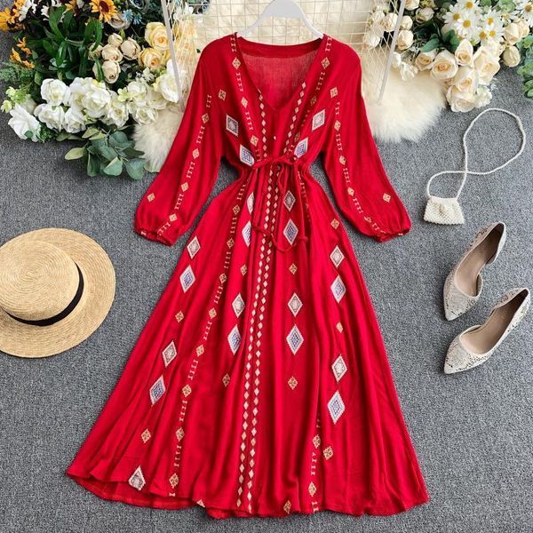 

autumn vacation ethnic style womens dress 2021 new female fashion embroidery long sleeve frenulum slim long dresses vestidos, Black;gray