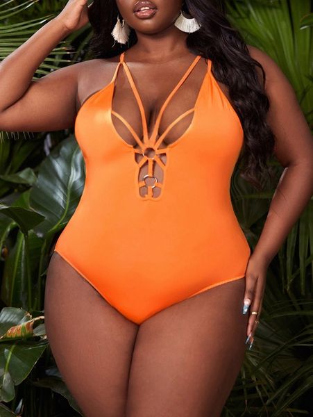 

sxy plus o-ring cut out front crisscross back cami bodysuit x5sl#, Black