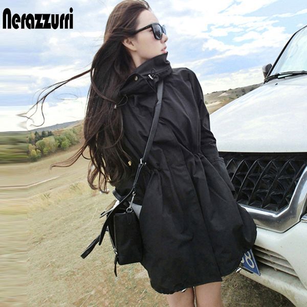 Nerazzurri Outono Black Windbreaker mulheres com capuz manga longa cordão primavera impermeável jaqueta mulheres plus size moda 201026