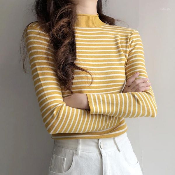 

korean style knitted sweaters striped elegant turtleneck long sleeves women sweaters all-match daily soft female pullovers1, White;black