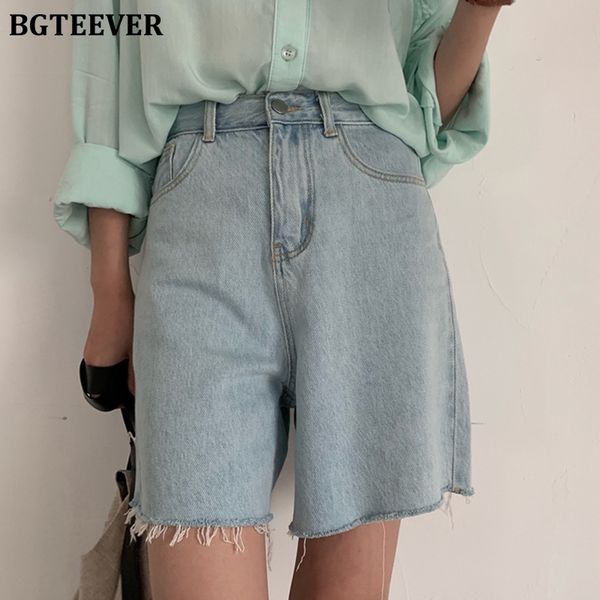 

bgteever summer loose tassels hem denim shorts for women casual light blue high waist wide leg short jeans female y200822, White;black