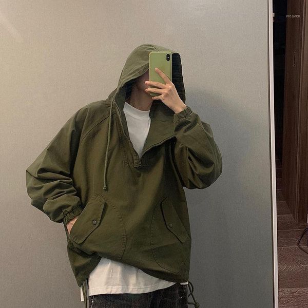 

autumn japanese handsome army green overalls men and women hooded half zipper pullover jacket couple trend1, Black