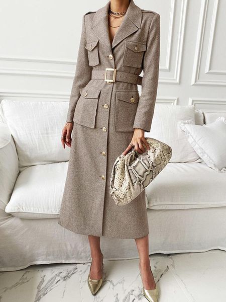 

autumn and winter women woollen overcoat retro light luxury hepburn temperament metal buckle elegant all-match fashion coat, Black