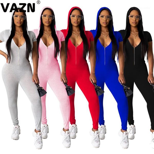 

vazn 2020 vintage solid short sleeve sport fitness style v-neck womens jumpsuit fashion jumpsuits1, Black;white