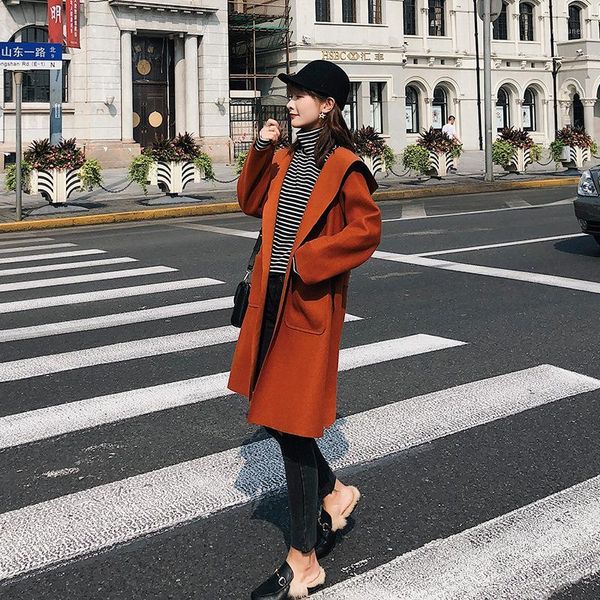 

woman coat female 2018 new jacket double-faced woolen windbreaker women thin overcoat cashmere hooded coat k52471, Black