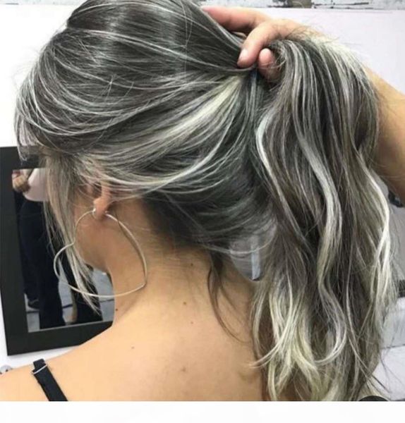

custom silver grey weave virgin hair pony tail human hairpiece wraps natural highlights gray wavy hair extension 120g, Black