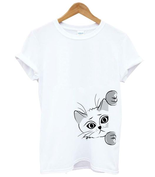 

peeking cat looking women tshirt cotton casual funny t shirt gift for lady yong girl tee drop ship s-717, White
