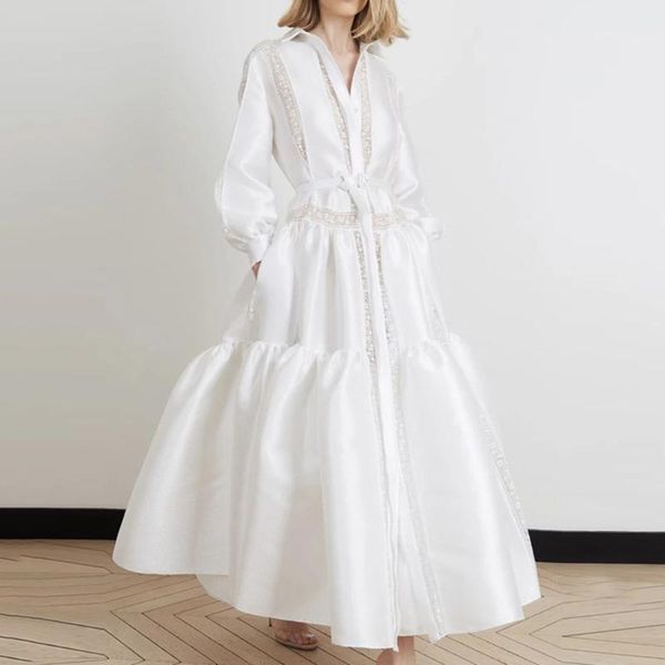 

party dress women 2019 autumn long sleeve elegant white lace sashes high waist a-line boho royal robe office vestidos1, Black;gray