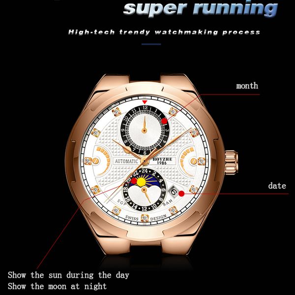 

boyzhe moon phase watch men mechanical wristwatches automatic calendar military amry watches mens sports leather reloj hombre, Slivery;brown