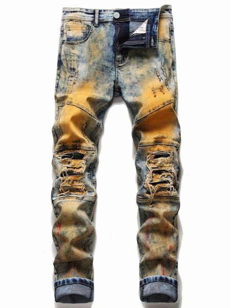 

men tie dye ripped frayed brush print jeans c24u#, Blue