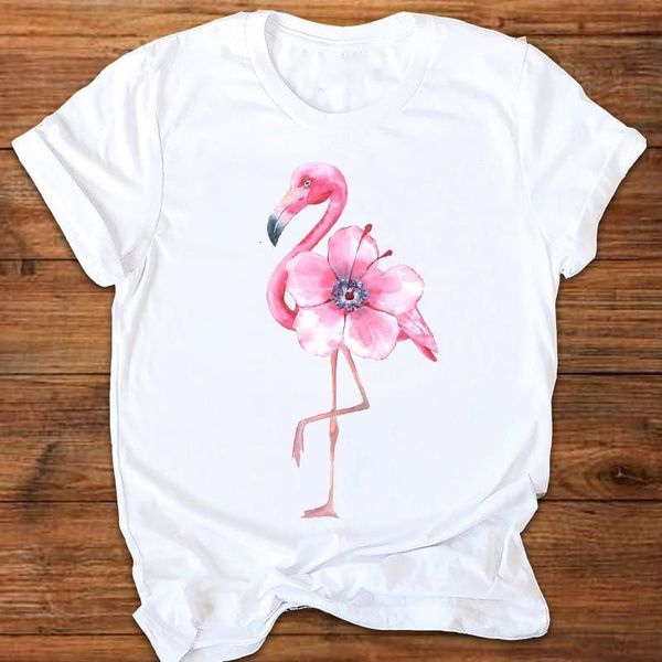 

women graphic flamingo floral flower cute fashion 90s style cute print clothes lady tees female t shirt womens t-shirt, White