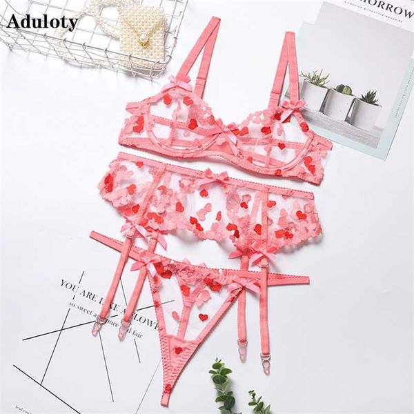 Aduloty Mulheres Eróticas Lingerie Fina Em Forma de Coração Polka Dot Transparente Tentação Sexy Lingerie Underwire Bra Garter Belt Set 211222