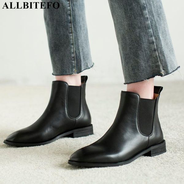 

boots allbitefo natural genuine leather ankle for woman fashion thick heel shoes women motocycle bottes femme1, Black
