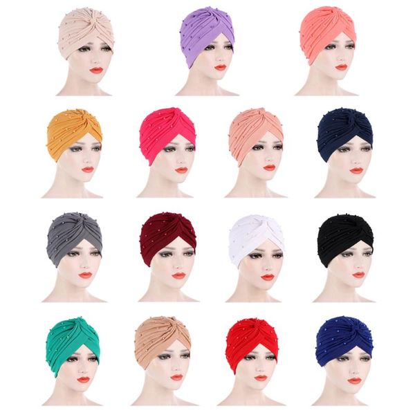 

beanie/skull caps muslim women hat turban ruffle pleated beads beanies skullies hair loss head wear wrap chemo cancer accessories, Blue;gray