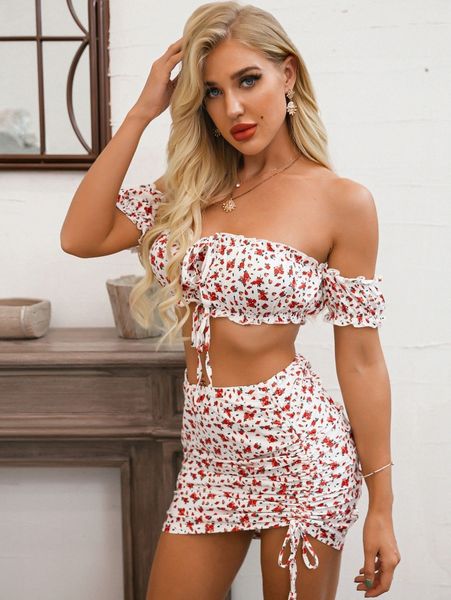 

glamaker off shoulder tie front ditsy floral & skirt set r2db#, White