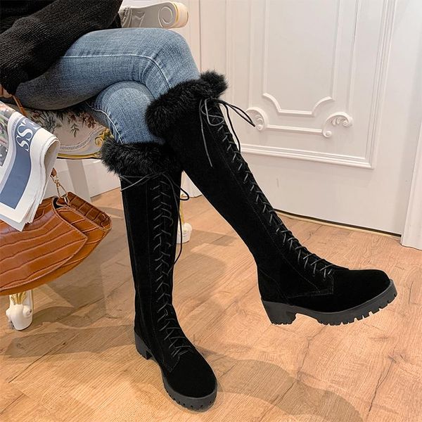 

boots women knee high women's lace up woman casual footwear big size female platform round toe shoes ladies warm plush mid heel, Black