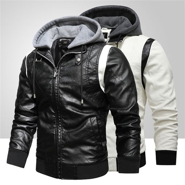 

fashion hooded leather jacket men winter thick warm casual coats new men pu motorcycle jacket plus velvet faux leather coat 201223, Black