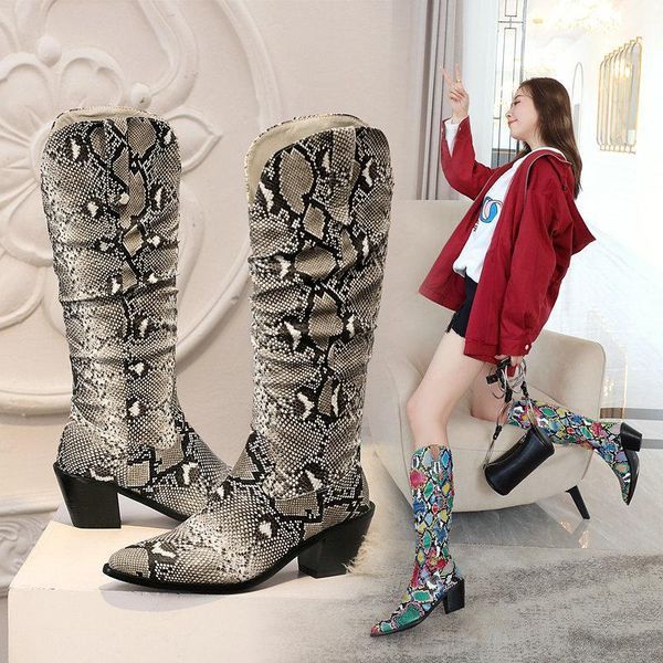 

boots 2021 winter keep warm knee high pointed toe square heel women shoes snakeskin pu leather ladies size 34-431, Black