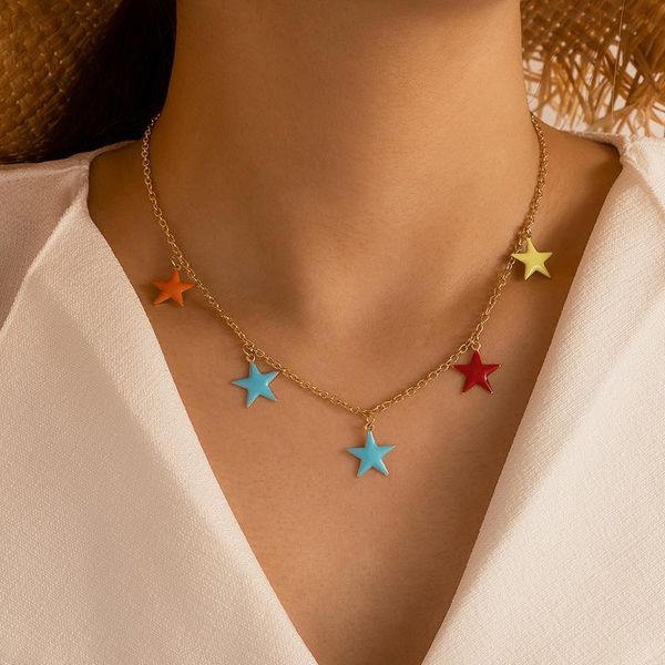

chains charming colorful star chain choker necklace for women trendy gold color alloy metal jewelry wholesale 16233, Silver