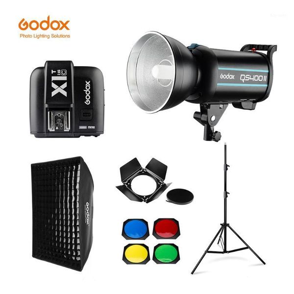 

godox qs400ii 400ws gn65 professional studio flash strobe + 2.8m light stand + 60x90cm grid softbox trigger barn door kit1