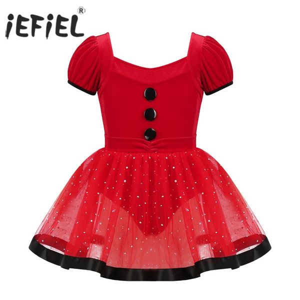 

kids girls christmas dance costumes puff sleeves figure skating dress twirling sequined ballerina gymnastics leotard dress, Black;red