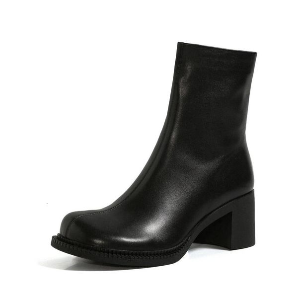 

concise genuine leather women ankle boots 2021 new autumn winter side thick heels party basic shoes woman ripf, Black