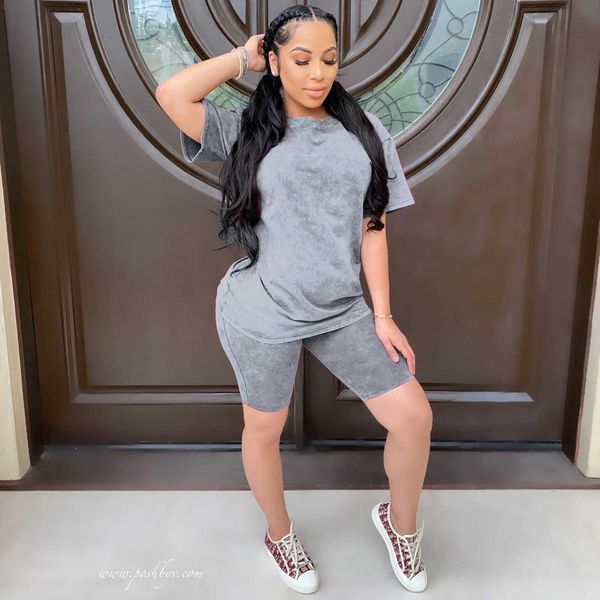 

causal women two piece set o-neck sportsuit t-shirt crop + pants loose tracksuit clothes for women outfits t200903, Gray