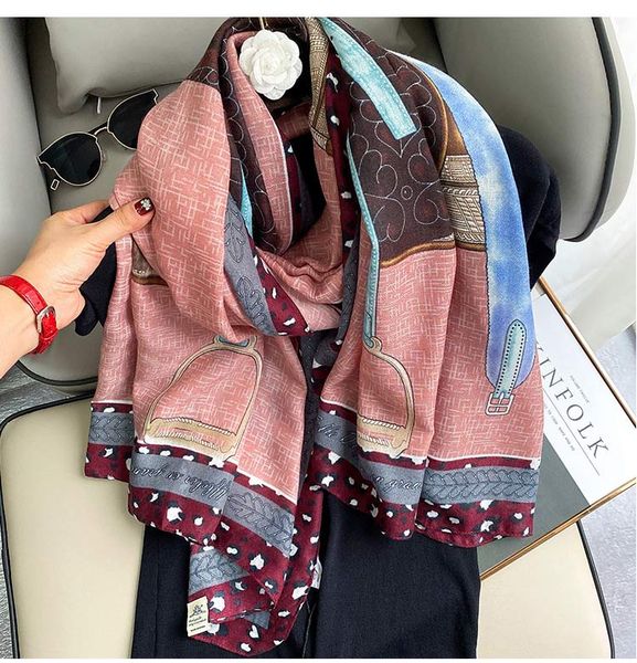 

90*180cm2021 red flower color geometric printing scarf female sunscreen shawl scarf summer headband cotton and linen stripes, Blue;gray