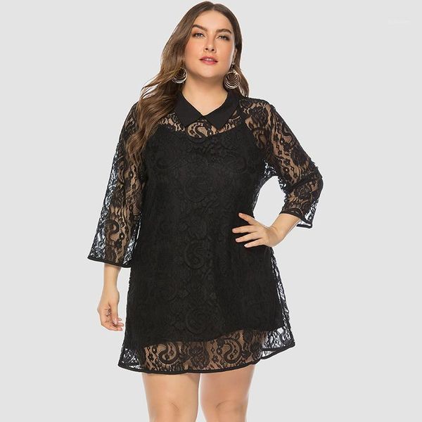 

4xl 5xl plus size lace dress women's clothing two piece three quarter sleeve mini black elegant lace dresses ta95431, Black;gray
