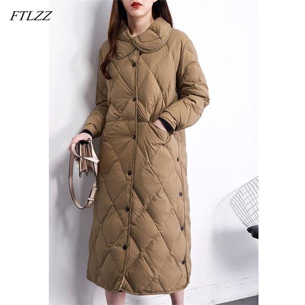 

ftlzz new winter stand collar long white duck jacket women single breasted parkas khaki black down snow overcoat c1204