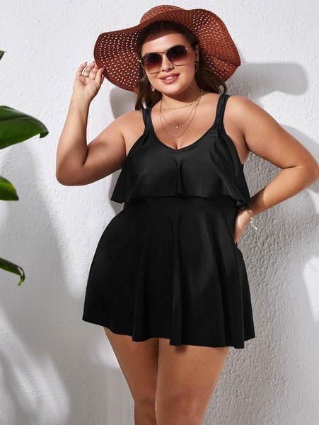 

plus ruffle high waisted bikini swimsuit 95vw#, Black