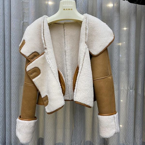 

women's fur & faux winter jacket leather sheepskin and sheep coats thicken outwear with hoody casaco feminino female genuine, Black