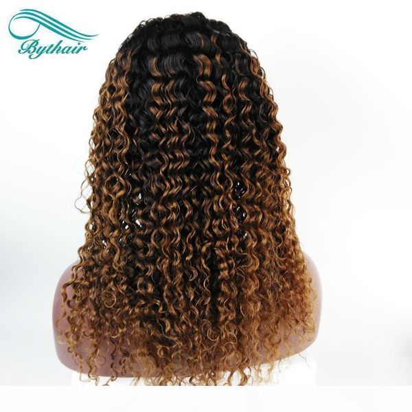 

bythair brazilian virgin human hair wigs ombre color #1b #30 kinky curly full lace wigs pre plucked lace front wigs for black woman, Black;brown