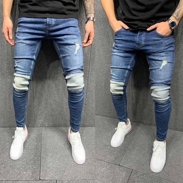 

new ripped patchwork jeans for men slim fit skinny pencil pants man denim jogging pleated trousers homme pantalon vaquero hombre, Blue