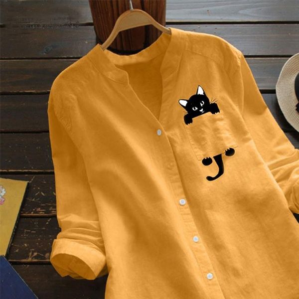 

cat printed blouse women cotton linen casual long sleeve shirt button down casual loose blouse blusas mujer de moda, White
