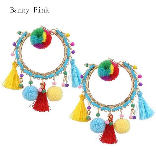 

bohemia tassel pendant hoop earrings for women ethnic pompon statement earrings chunky geo fashion jewelry pendientes, Golden;silver