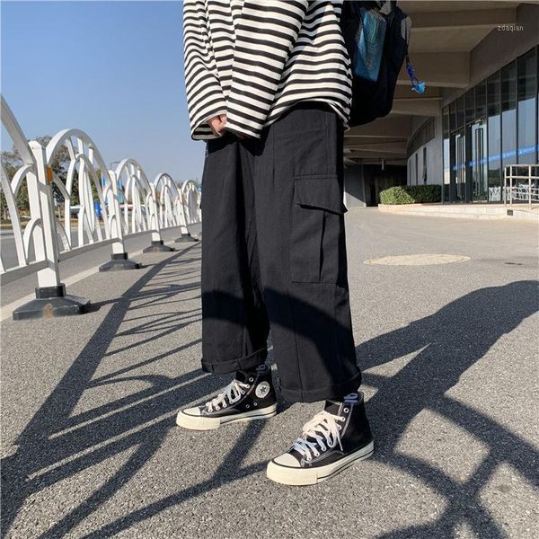 

men's pants 2021 spring and summer youth men's solid color loose multi-pocket overalls fashion casual straight m-2xl1, Black