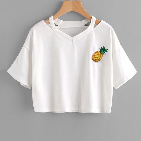 

style pineapple print tees short sleeve t-shirt women t shirt summer cotton t-shirt women causal t-shirts #e, White
