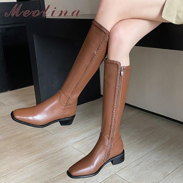 

boots meotina women knee high shoes square toe chunky heels fashion ladies zipper mid heel long autumn winter brown, Black