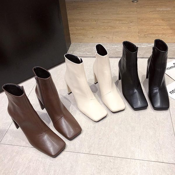 

boots women elegant ankle shoes block high heels sock square toe chunky zipper lady autumn winter party shoes1, Black